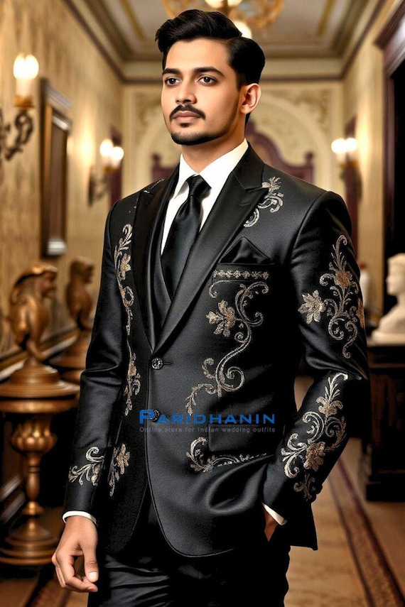 Mens Black 3 Piece Tuxedo Suit Wedding Groom Outfit Gold Embroidered Luxury  Formal Blazer Set | Paridhanin - Etsy