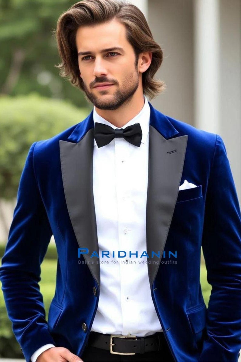 Royal Blue Velvet Shawl Tuxedo with Ivory Paisley - Designer Tuxedos