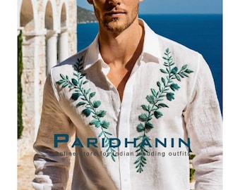Mens White Linen Embroidered Shirt Wedding Groom Outfit Green Leaf Beach Style | Paridhanin.