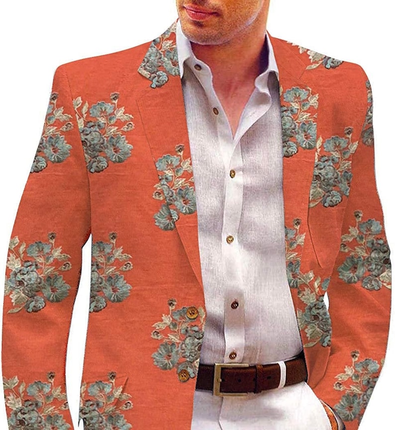 Rust Mens Two Button Floral Motifs Embroidered Party wear sport coat Blazer
