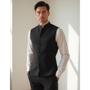 Black Slim Fit Nehru Vest for Men – Handcrafted Elegance, Formal Occasion Wear, Bespoke Tailoring, Elegant Stylish Menswear Jacket