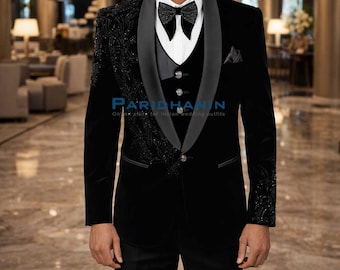 Mens Black 6 Piece Tuxedo Suit Wedding Groom Outfit Embroidered Shawl Lapel Formal Attire | Paridhanin.