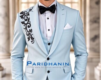 Mens Light Blue 3 Piece Tuxedo Suit Wedding Groom Slim Fit Embroidered Formal | Paridhanin.