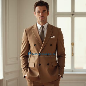Light Brown Double Breasted Suit Men Tailored Fit | Formal Wedding & Business Attire