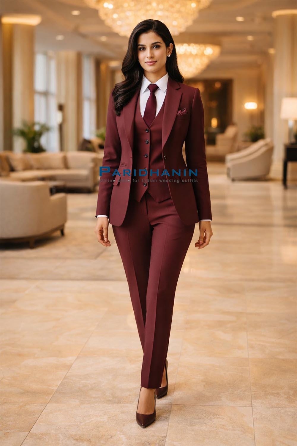 Burgundy Prom Pantsuit With Train Modern Women's Jumpsuit With Train Satin  One Shoulder Ladies Prom Party