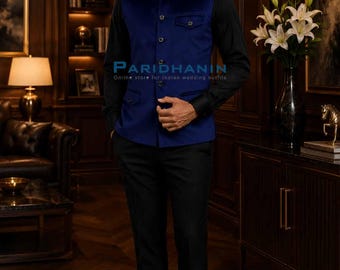 Mens Navy Blue Velvet Nehru Vest Wedding Groom Outfit Safari Style Bandhgala Waistcoat | Paridhanin