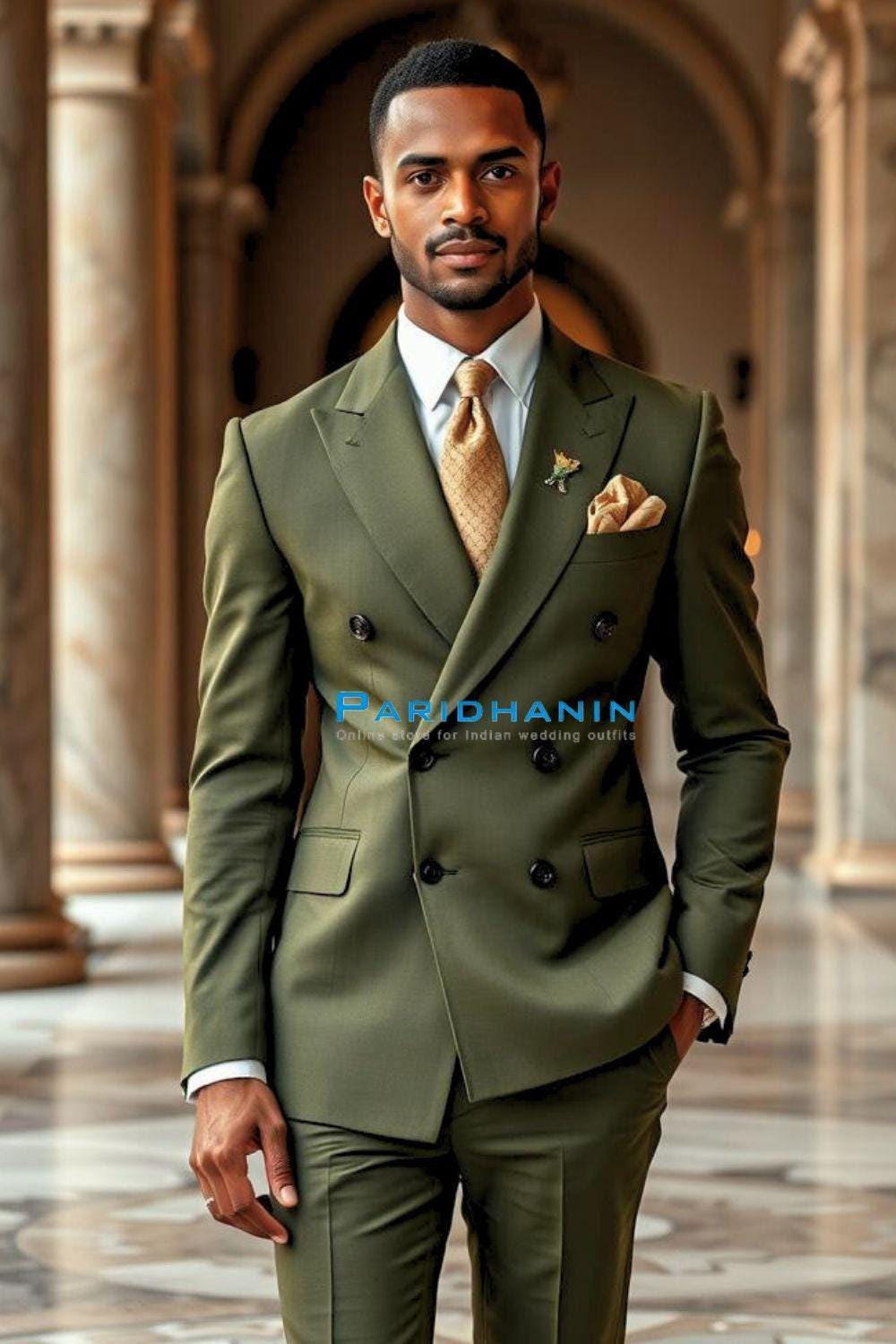 Mens Olive Green Double Breasted Suit Wedding Groom Formal 2 Pc