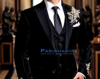 Mens Black Velvet Embroidered 3 Piece Suit Wedding Groom Tuxedo | Paridhanin.