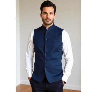 Navy Blue Slim Fit Nehru Vest for Men – Handcrafted Elegance, Formal Occasion Wear, Bespoke Tailoring, Stylish Sophisticated Waistcoat
