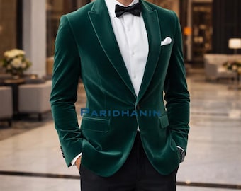 Mens Emerald Green Velvet Tuxedo Jacket Wedding Groom Outfit Slim Fit Formal Dinner Blazer | Paridhanin.