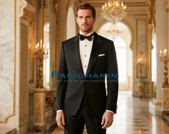 Mens Black Embroidered Tuxedo Wedding Groom Designer Suit | Paridhanin.