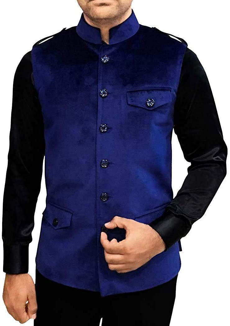 Safari Style Velvet Navy Blue Mens Indian Nehru Waist Coat