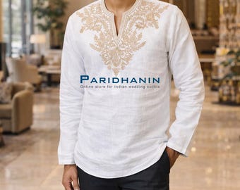 Mens White Linen Embroidered Short Kurta Tunic Summer Wedding Outfit | Paridhanin