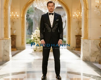 Mens Black Embroidered Tuxedo Wedding Groom Designer Suit | Paridhanin.