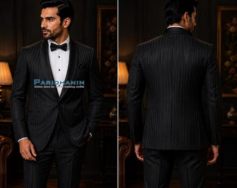 Mens Black Pinstripe 2 Piece Tuxedo Suit Wedding Groom Satin Shawl Lapel | Paridhanin.