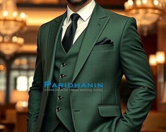 Mens Emerald Green 3 Piece Suit Wedding Groom Outfit Slim Fit Formal Wear | Paridhanin.