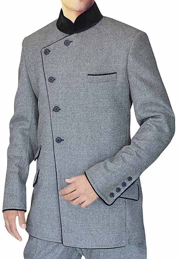 Grey Mens 2 Pc Indian Nehru Collar Angrakha Style Tailored Suit Paridhanin