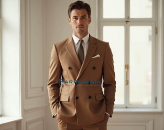 Mens Light Brown Double Breasted Suit Slim Fit Wedding Formal Wear | Paridhanin.