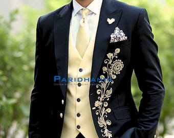 Mens Black Gold Embroidered 3 Piece Tuxedo Wedding Groom Suit | Paridhanin.