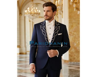 Mens Navy Blue Embroidered Tuxedo Wedding Groom Designer Suit | Paridhanin.