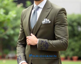 Mens Olive Green Embroidered Wedding Suit Groom 3 Piece Tuxedo | Paridhanin.