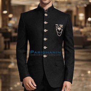 Mens black Jodhpuri Bandhgala suit 6 button party wear wedding groom 4 piece set