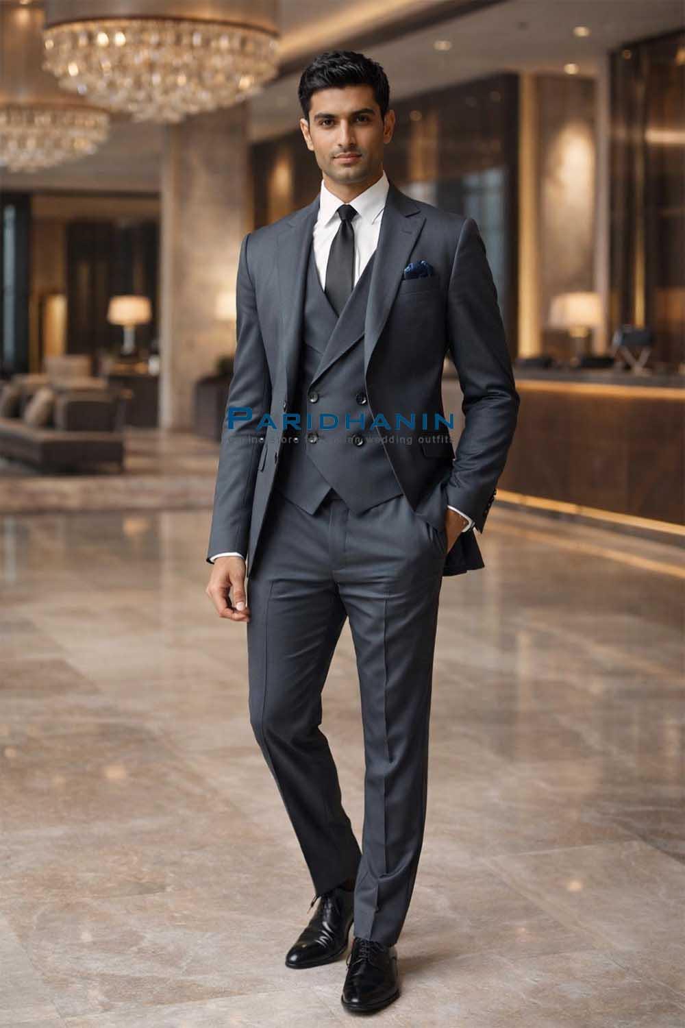 Mens Dark Steel Gray 3 Piece Suit Wedding Groom Outfit Slim Fit