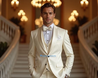 Mens Off White 3 Piece Wedding Tuxedo Suit Slim Fit Groom Formal Outfit | Paridhanin.