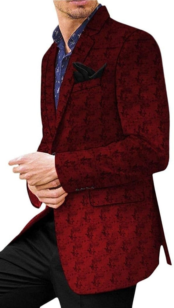 Red Mens Casual Printed Velvet Jacket Party Blazer -