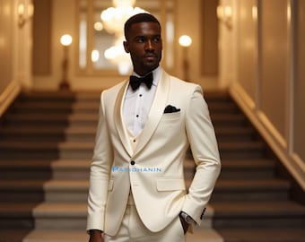 Mens Ivory Tuxedo 3 Piece Wedding Suit Peak Lapel Groom Slim Fit Outfit | Paridhanin.