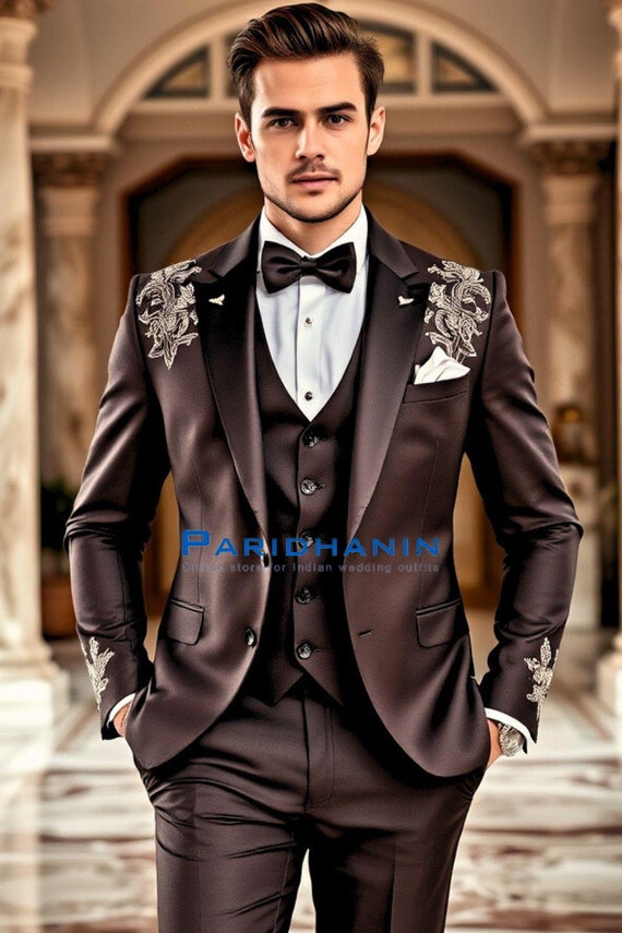 Dress Code For Groom Black And Gold Formal Attire Men Black Velvet  Embroidered Groom Suit Men's