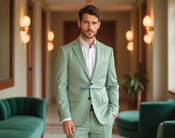 Mens Pastel Green Two Piece Suit Slim Fit Wedding Groom Formal Outfit | Paridhanin.