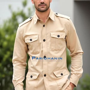 Mens Beige Cotton Utility Shirt Casual Military Style Outdoor Safari Shirt | Paridhanin