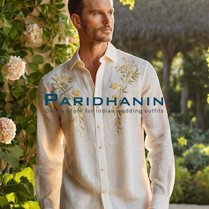 Mens ivory linen embroidered shirt with yellow floral design for beach wedding groom outfit