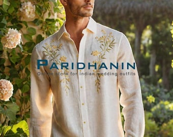 Herrskjorta i elfenbensfärgad linne, broderad, bröllopsoutfit, blommig, sommarstil, strand | Paridhanin.