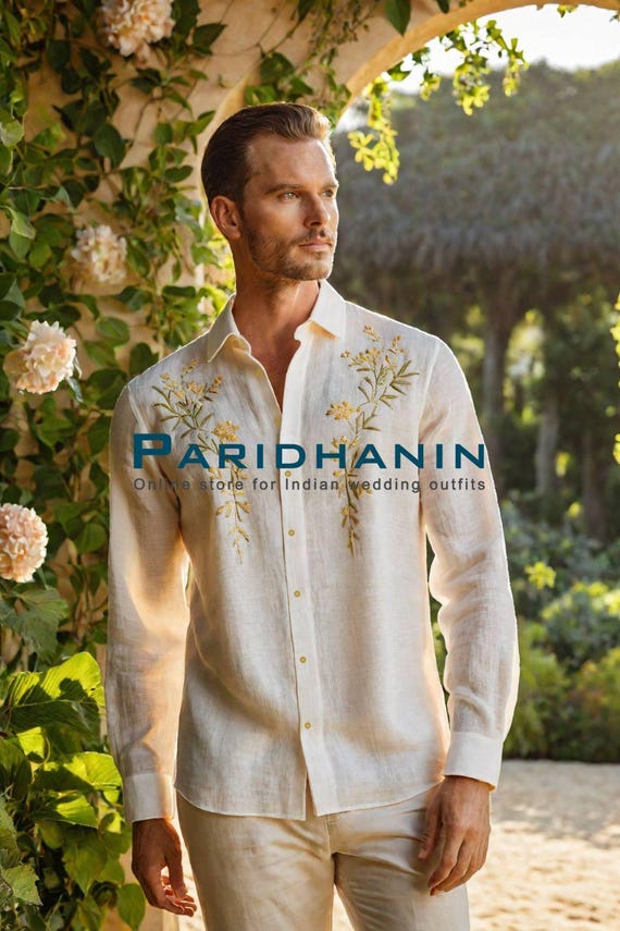 Mens Ivory Linen Embroidered Shirt Wedding Groom Outfit Floral Summer Beach Style | Paridhanin.