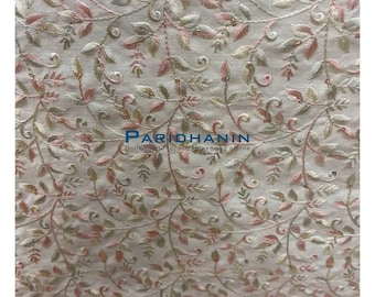 Cream Dupion Silk Floral Embroidered Fabric Wedding Lehenga Dress Material 58 Inch Wide by Yard | Paridhanin.