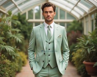 Mens Sage Green 3 Piece Suit Slim Fit Wedding Groom Outfit | Paridhanin.