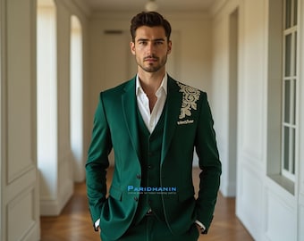 Mens Emerald Green Embroidered Tuxedo Wedding Groom Suit 3 Piece | Paridhanin.