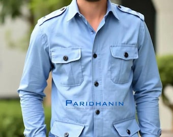 Camisa utilitaria azul claro de algodón estilo militar slim fit para hombre | Paridhanin