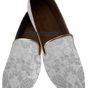 Mens white embroidered wedding loafers slip on groom shoes formal mojari