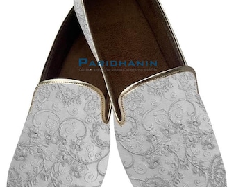Mens White Embroidered Wedding Loafers Slip On Groom Shoes Formal Mojari | Paridhanin