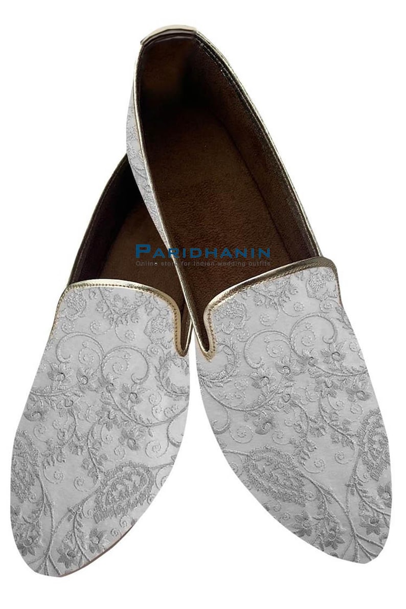Mens white embroidered wedding loafers slip on groom shoes formal mojari