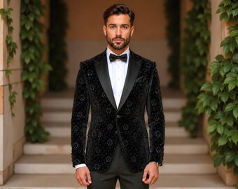Mens Black Velvet Tuxedo Suit Wedding Peak Lapel 2 Piece Set | Paridhanin.