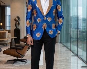 Mens Royal Blue Floral Embroidered Wedding Blazer Derby Sport Coat Groom Outfit Shawl Lapel Jacket | Paridhanin.
