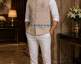Mens Beige Embroidered Nehru Jacket Wedding Modi Waistcoat Slim Fit Cotton Blend | Paridhanin.