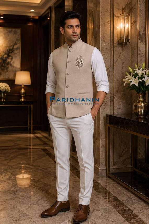 nehru jacket with formal dress Mens Beige Embroidered Wedding Modi Waistcoat Slim Fit Cotton Blend DustyBlue (SteelBlue)
