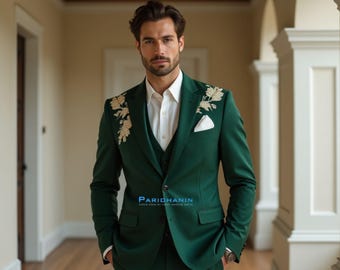 Mens Emerald Green Embroidered 3 Piece Tuxedo Wedding Groom Suit | Paridhanin
