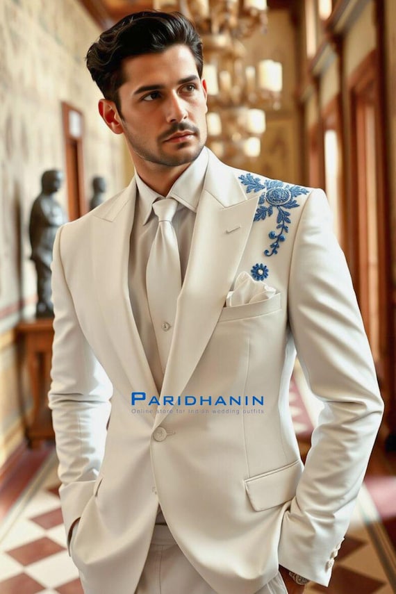 Cream two piece Wedding Suit for groom with adorned with delicate blue embroidery Modern Groom s Wedding Attire reception Paridhanin