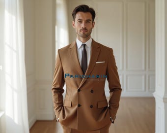 Mens Light Brown Slim Fit Double Breasted Suit Wedding Groom Formal | Paridhanin.